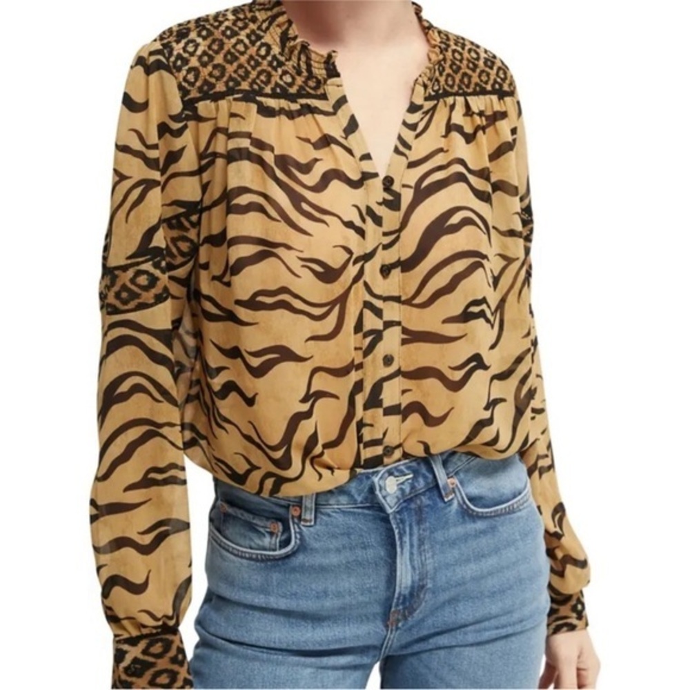 Scotch & Soda Tan and Black Animal-Print Button Front Blouse